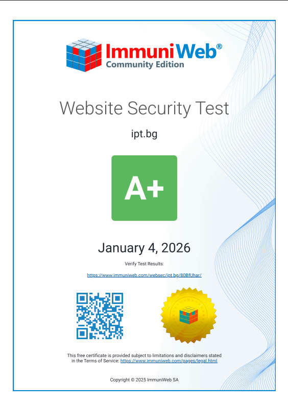 ImmuniWeb Website Security Test сертификат за ipt.bg – A+
